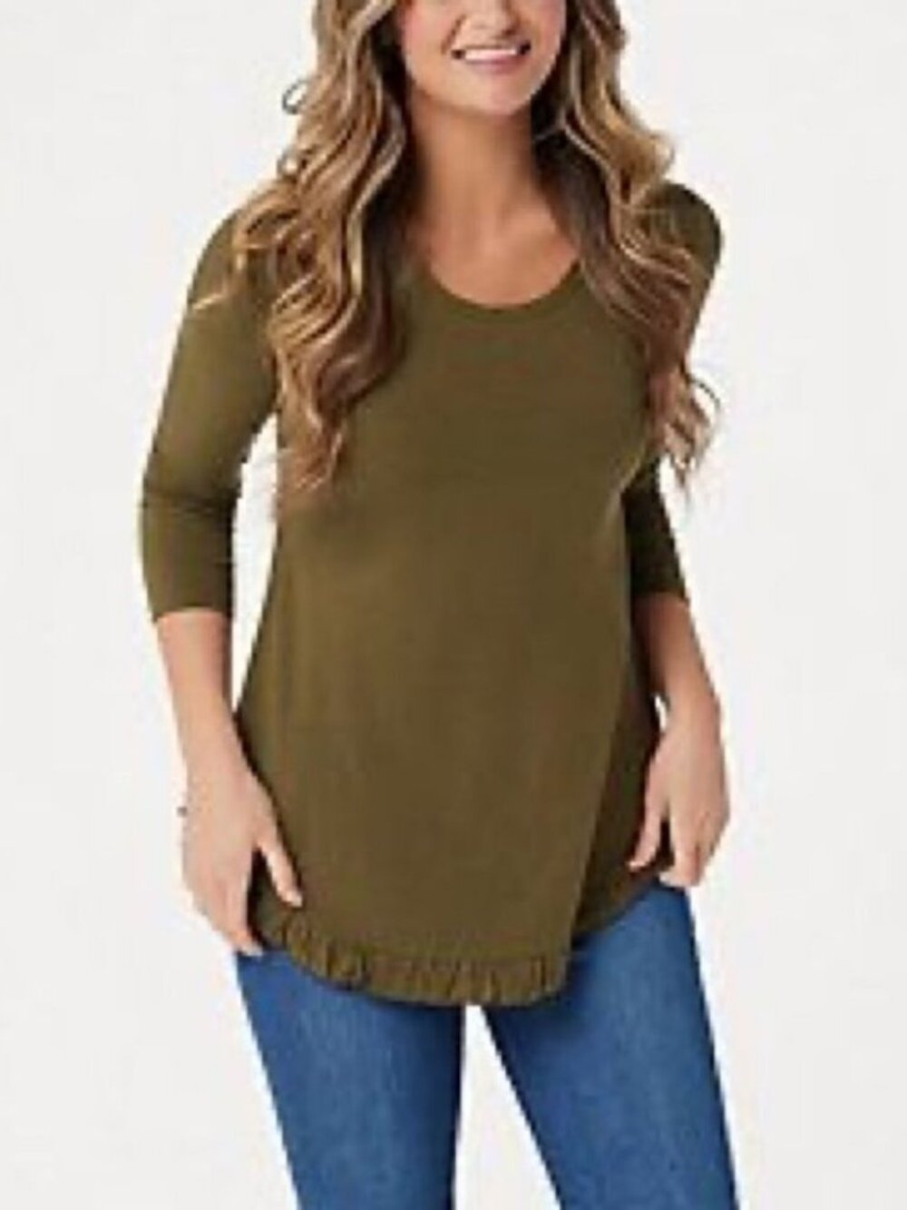 Isaac Mizrahi Live! 3/4-Sleeve Ruffle Curved Hem Knit Top
